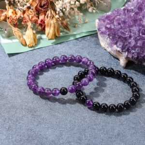 Jovivi 2pcs 8mm Black Obsidian & Amethyst Healing Crystal Stone Stretch Bracelets Handmade Natural Round Gemstone Beaded Energy Beads Chakra Bracelet for Women Men Couples Distance Gifts