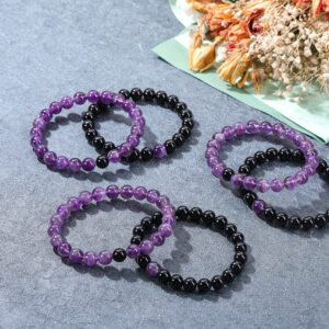 Jovivi 2pcs 8mm Black Obsidian & Amethyst Healing Crystal Stone Stretch Bracelets Handmade Natural Round Gemstone Beaded Energy Beads Chakra Bracelet for Women Men Couples Distance Gifts