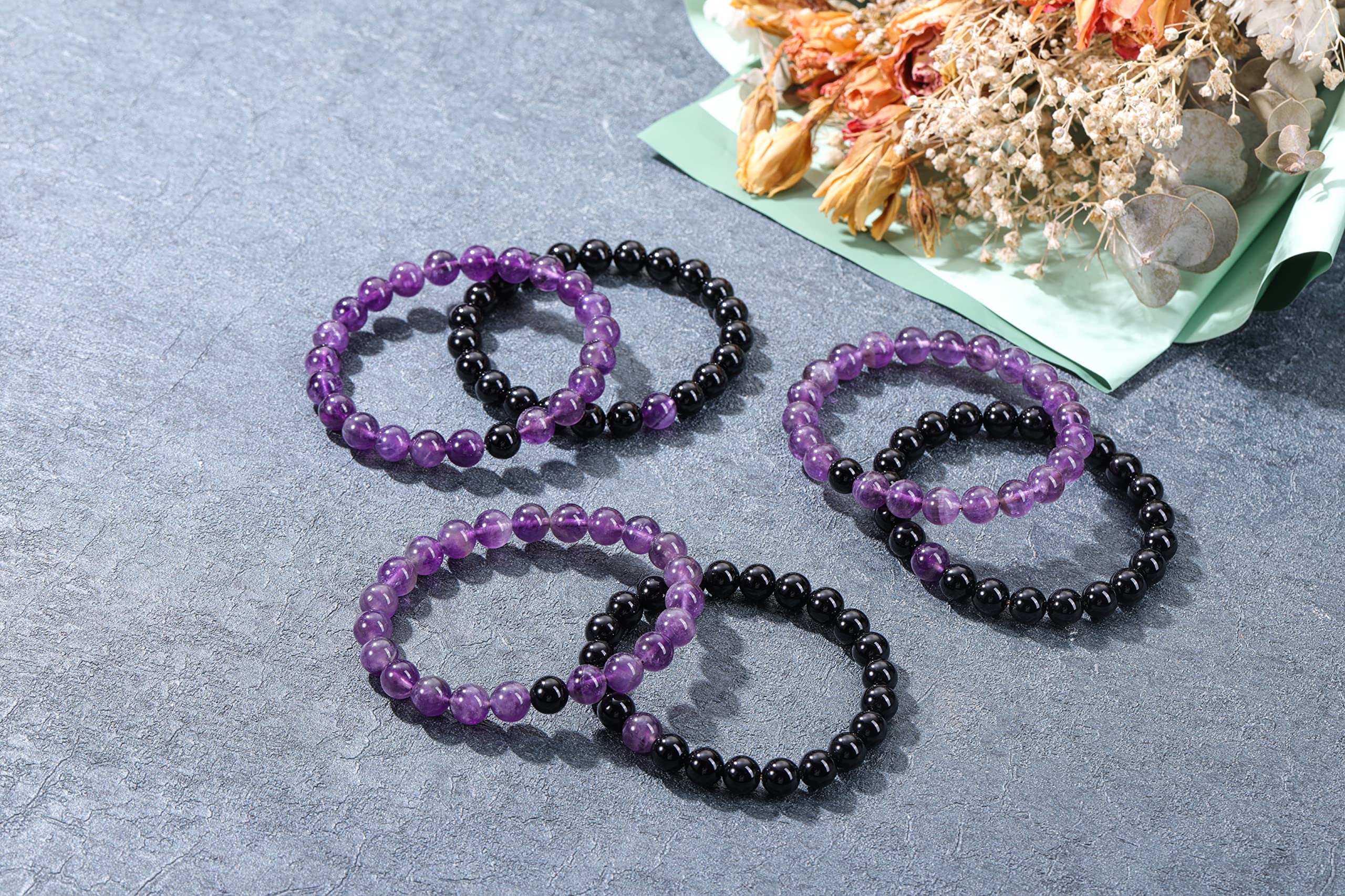 Jovivi 2pcs 8mm Black Obsidian & Amethyst Healing Crystal Stone Stretch Bracelets Handmade Natural Round Gemstone Beaded Energy Beads Chakra Bracelet for Women Men Couples Distance Gifts