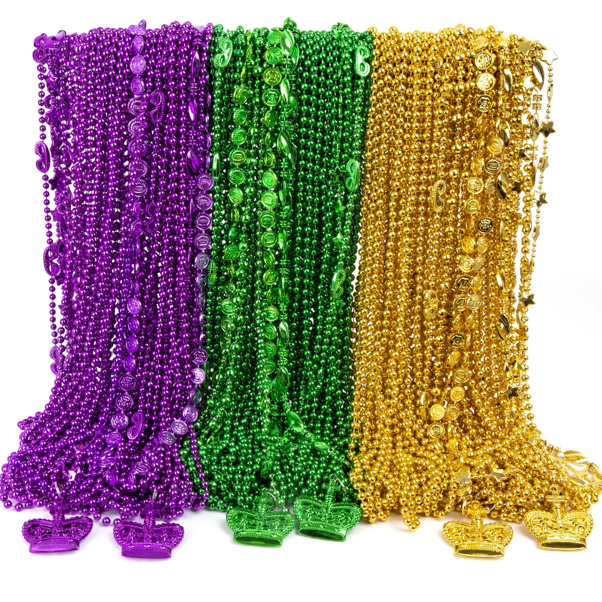 144PCS Mardi Gras Beads Throws, Mardi Gras Green Purple Gold Metallic Beads Necklaces Accessories Bulk, Mardi Gras Beads Necklace Costumes Women Men Kids for Parade Throws Party Decor Favor Supplies