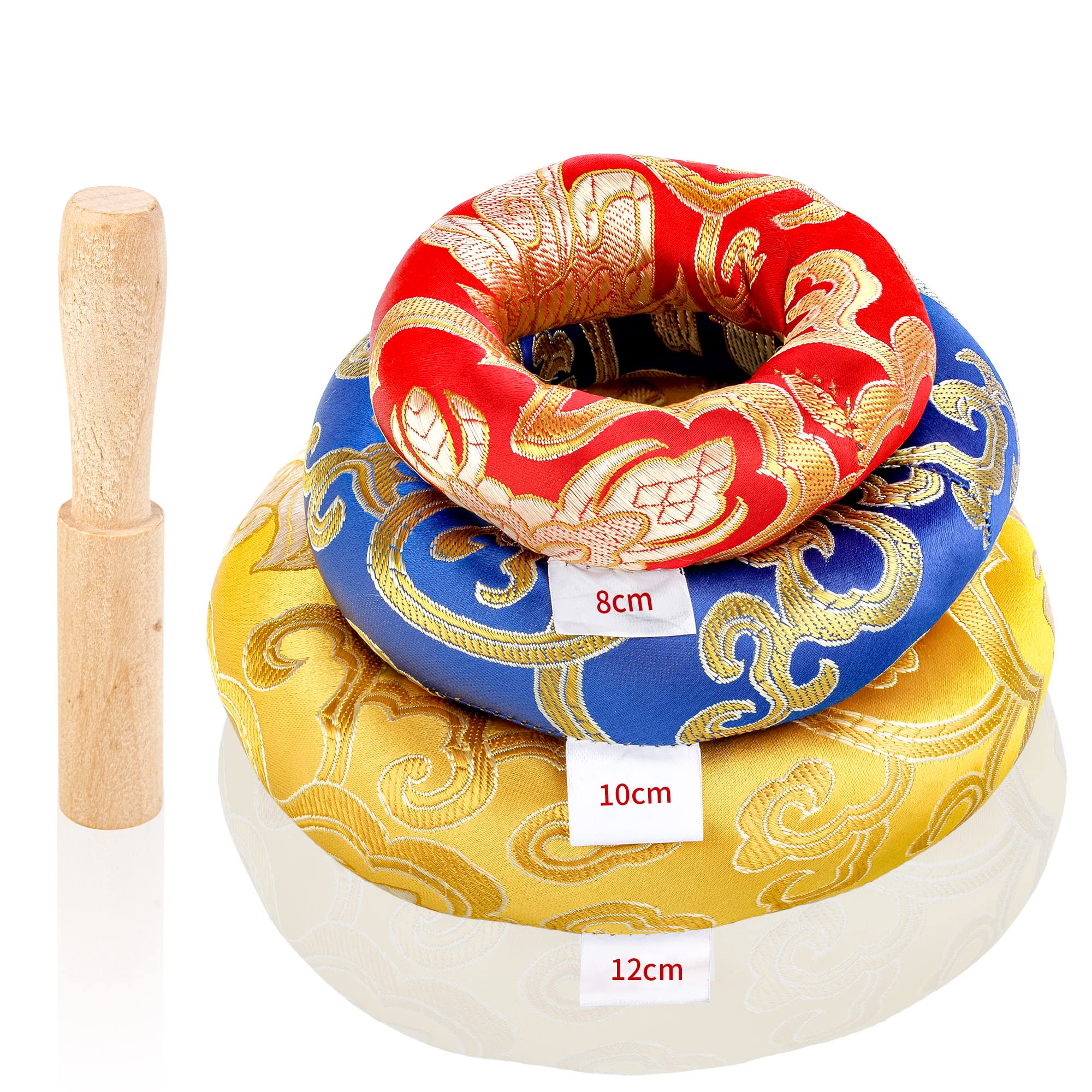 ZenBless Silk Embroidery Tibetan Singing Bowl Cushion 3pcs, Singing Bowl Holder, with Singing Bowl Small Mallet Set Gifts for Buddhist Sound Bowl Yoga Hand Made Nepal Meditation Accessories