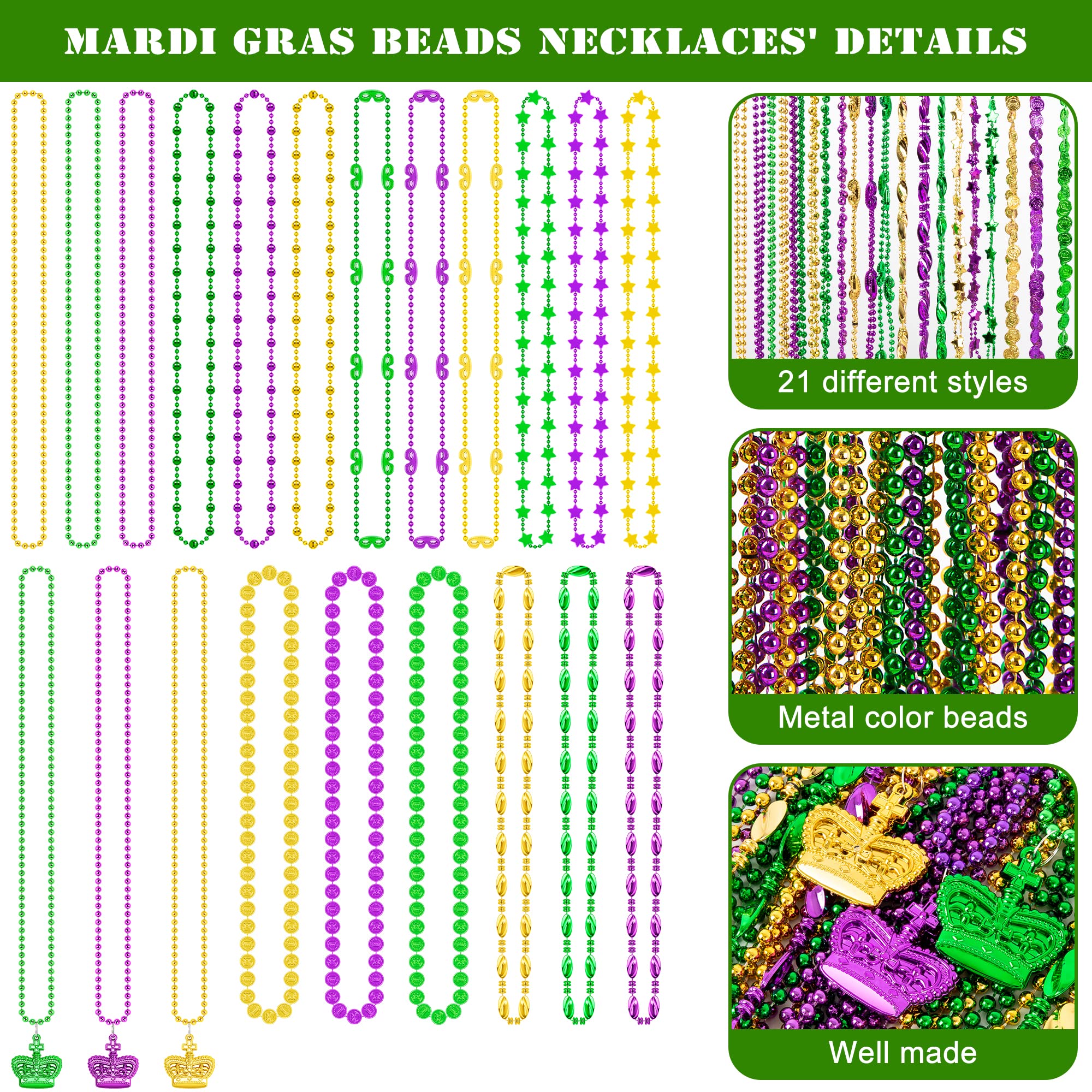 144PCS Mardi Gras Beads Throws, Mardi Gras Green Purple Gold Metallic Beads Necklaces Accessories Bulk, Mardi Gras Beads Necklace Costumes Women Men Kids for Parade Throws Party Decor Favor Supplies