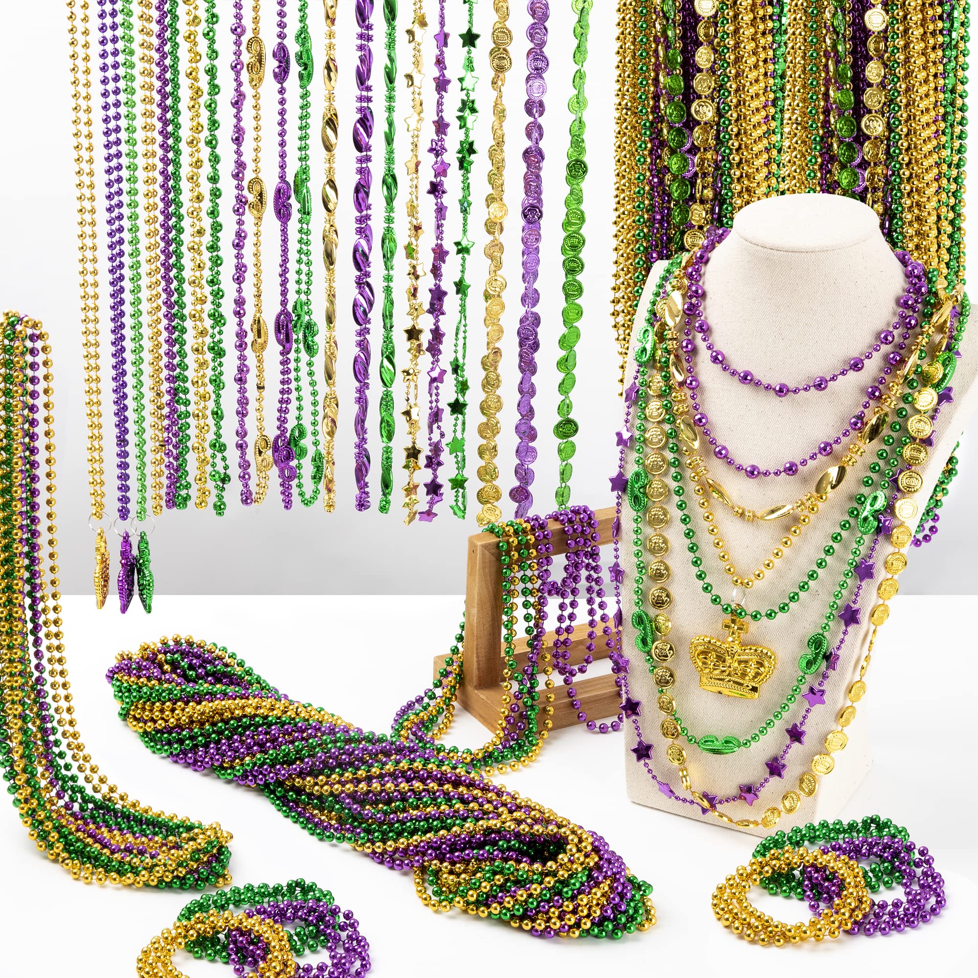 144PCS Mardi Gras Beads Throws, Mardi Gras Green Purple Gold Metallic Beads Necklaces Accessories Bulk, Mardi Gras Beads Necklace Costumes Women Men Kids for Parade Throws Party Decor Favor Supplies