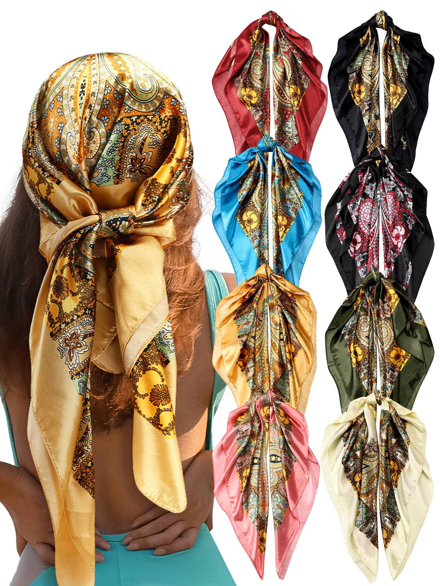 Giegxin 8 Pcs 35 Inch Silk Head Scarves Satin Scarf Square Hair Scarf Lightweight Headband Bandanas for Women Hair Wrapping(Vintage)