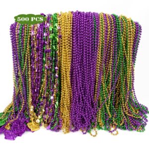 500PCS Mardi Gras Beads Throws, Bulks Green Purple Gold Metallic Mardi Gras Beads Necklaces Accessories Bulks, Mardi Gras Beads Necklace Costumes for Parade Throws Party Decorations Favor Supplies