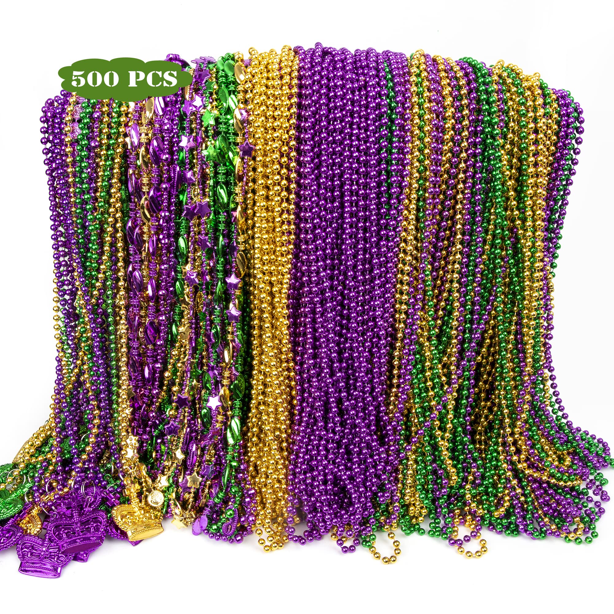 500PCS Mardi Gras Beads Throws, Bulks Green Purple Gold Metallic Mardi Gras Beads Necklaces Accessories Bulks, Mardi Gras Beads Necklace Costumes for Parade Throws Party Decorations Favor Supplies