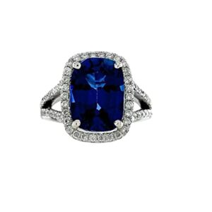 Birthstone Blue Sapphire With Diamond Ring. Lab-Created Blue Sapphire Round, And Oval 925 Sterling Silver Ring, Gift Ring, Handmade Ring, 14K White Gold Plated