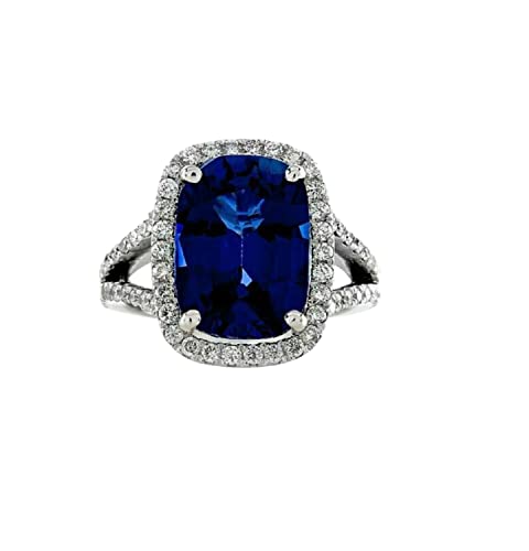 Birthstone Blue Sapphire With Diamond Ring. Lab-Created Blue Sapphire Round, And Oval 925 Sterling Silver Ring, Gift Ring, Handmade Ring, 14K White Gold Plated