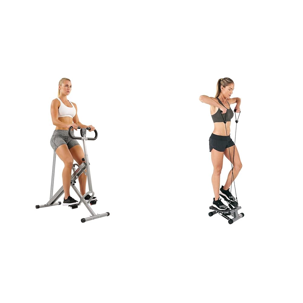 Bundle of Sunny Health & Fitness Squat Assist Row-N-Ride™ Trainer for Glutes Workout + Sunny Health & Fitness Mini Stepper Stair Stepper Exercise Equipment with Resistance Bands