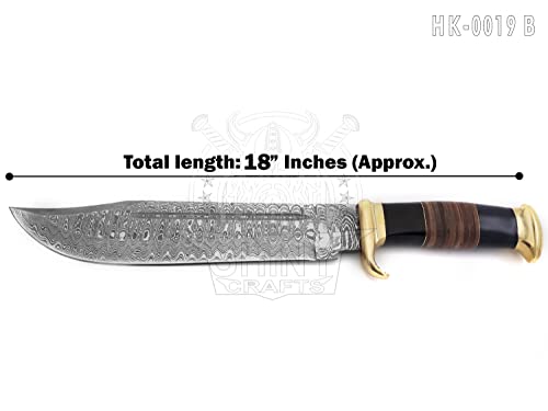 SHINY CRAFTS | 18" Large Handmade Forged Crocodile Dundee Knife, Fixed Blade Knife, Damascus Hunting Knife, Knife with Premium Leather Sheath (HK-0019-B)