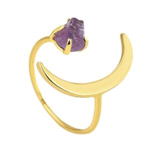 crescent moon adjustable open band ring for women girls 14k gold plated statement artificial purple crystal stone finger rings comfort fit fashion birthday wedding valentine jewelry gift (amethyst)