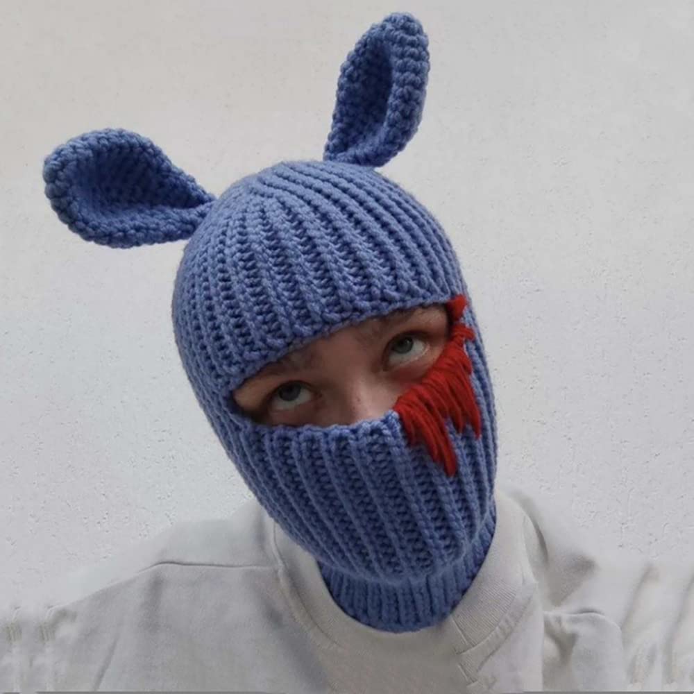 Knit Y2k Hat Cat Beanie with Devil Horn and Long Bunny Ear Crochet Shiesty Ski Mask Balaclava Grunge Accessories (bunny ear-white)