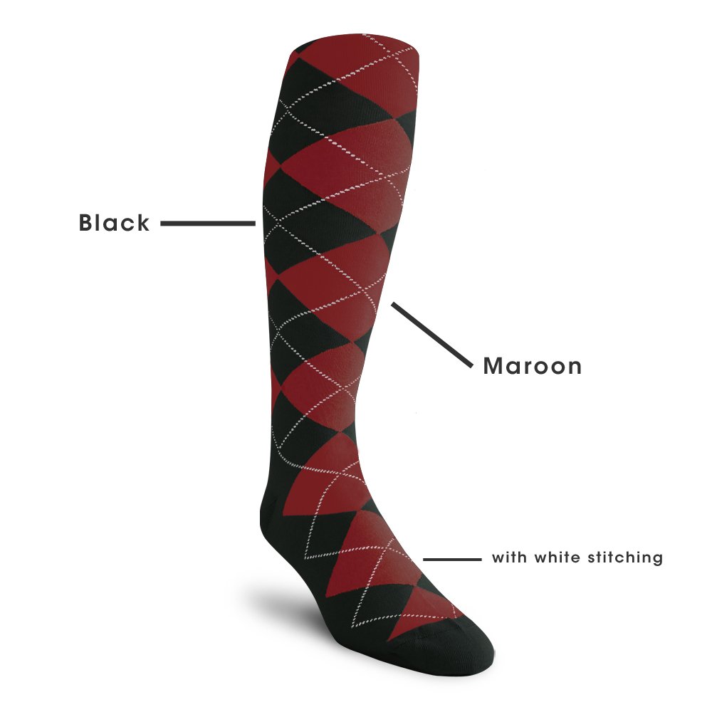 Golf Knickers Colorful Knee High Argyle Cotton Socks For Men Women and Youth - Black/Maroon - Mens