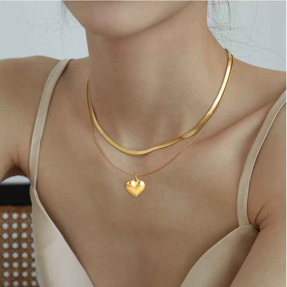 TRWWELL Trendy 18k Gold Plated Layered Necklace Dainty Herringbone Necklace Heart Pendant Gold Chain Choker Layering Necklace Jewelry Gifts for Women Girls