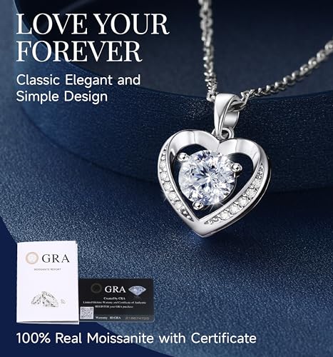 MomentWish Heart Necklace, Birthday Gifts for Women, 1Carat Moissanite Necklace, 925 Sterling Silver Diamond Heart Necklace Jewelry Gift for Wife Mom on Valentine's Day Christmas Anniversary