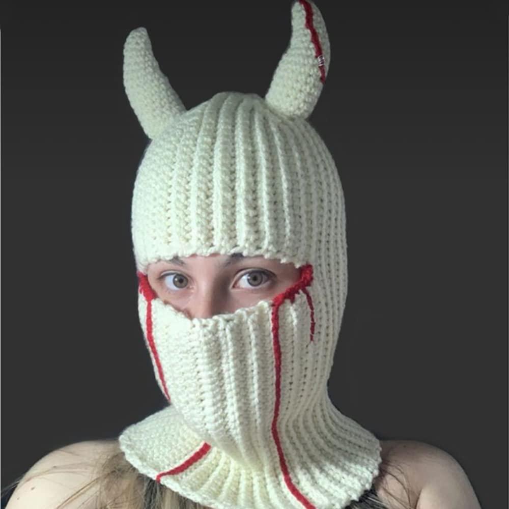 Knit Y2k Hat Cat Beanie with Devil Horn and Long Bunny Ear Crochet Shiesty Ski Mask Balaclava Grunge Accessories (bunny ear-white)