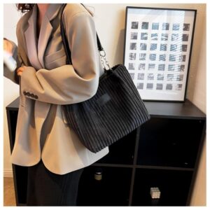 Ulisty Women Corduroy Tote Bag Casual Shoulder Bag Daily Shopping Bag Fashion Handbag black