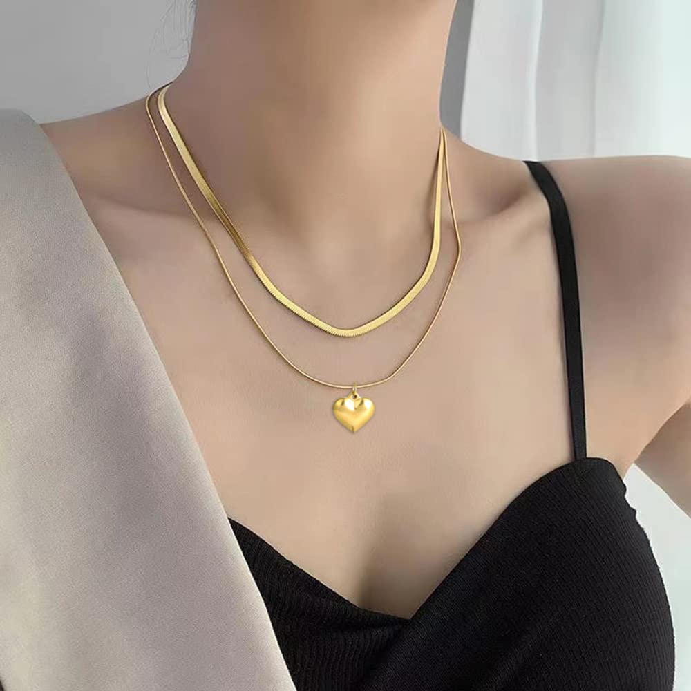 TRWWELL Trendy 18k Gold Plated Layered Necklace Dainty Herringbone Necklace Heart Pendant Gold Chain Choker Layering Necklace Jewelry Gifts for Women Girls