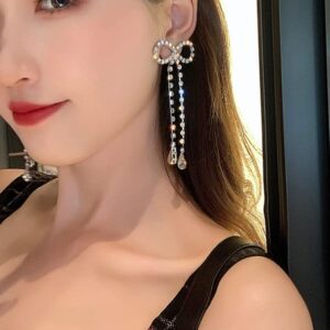 Silver Bow Drop Earring Rhinestones Bow Tassels Statement Earrings Crystal Bowknot Lightweight Shiny Bar Earrings Set Jewelry