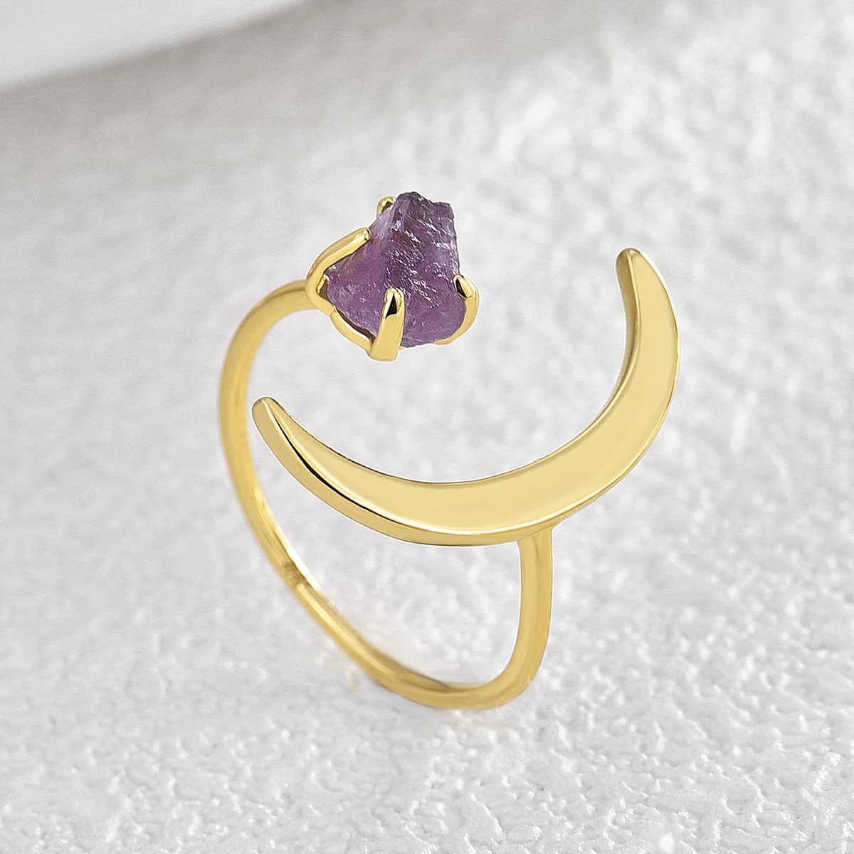 Crescent Moon Adjustable Open Band Ring for Women Girls 14K Gold Plated Statement Artificial Purple Crystal Stone Finger Rings Comfort Fit Fashion Birthday Wedding Valentine Jewelry Gift (Amethyst)