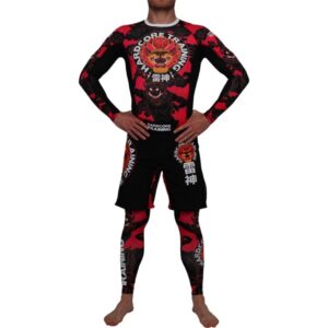 Hardcore Training Raijin Men's Rash Guard Compression Long Sleeve MMA No-Gi Tight BJJ Grappling Base Layer Fitness Red/Black