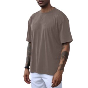 men's fashion athletic t-shirts short sleeve casual tee plain loose crew workout gym streetwear shirts top a brown