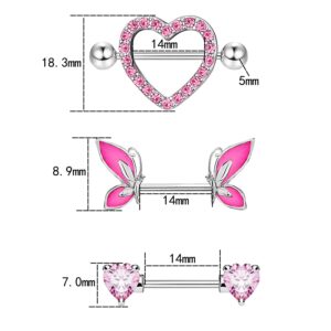 FLOGWE 3Pairs 14G Heart Nipple Rings 316L Stainless Steel Butterfly Nipple Barbell Nipple Barbells CZ Heart Nipple Rings Body Pierced Jewelry for Women…