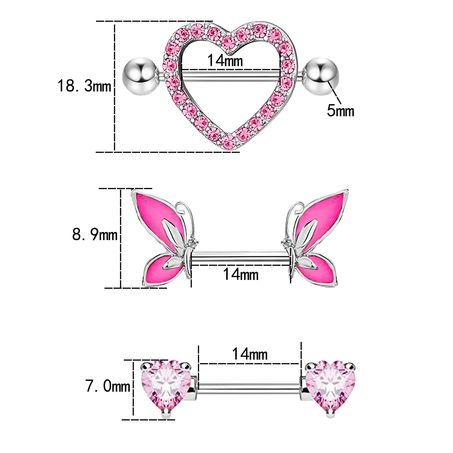 FLOGWE 3Pairs 14G Heart Nipple Rings 316L Stainless Steel Butterfly Nipple Barbell Nipple Barbells CZ Heart Nipple Rings Body Pierced Jewelry for Women…