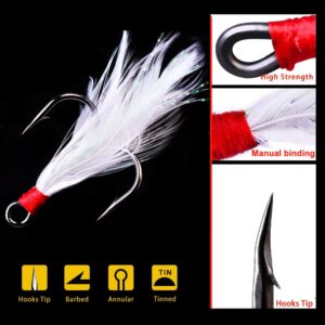 FANGBLUE 20Pcs Treble Fishing Hooks with Feather Size 2# Stainless Steel Barbed Sharp Triple Fishhook with Box for Saltwater Freshwater