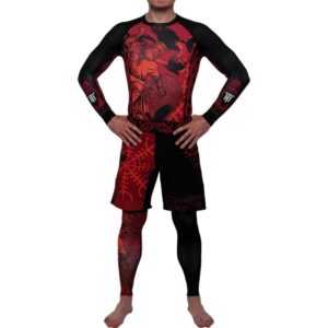 Hardcore Training Viking Men's Rash Guard Compression Long Sleeve MMA No-Gi Tight BJJ Grappling Base Layer Combat S Black/Red