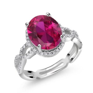 Gem Stone King 925 Sterling Silver Oval Red Created Ruby and White Created Sapphire Wedding Engagement Solitaire Anniversary Promise Ring (4.55 Cttw, Available In Size 7, 8, 9, 10, 11, 12, 13)