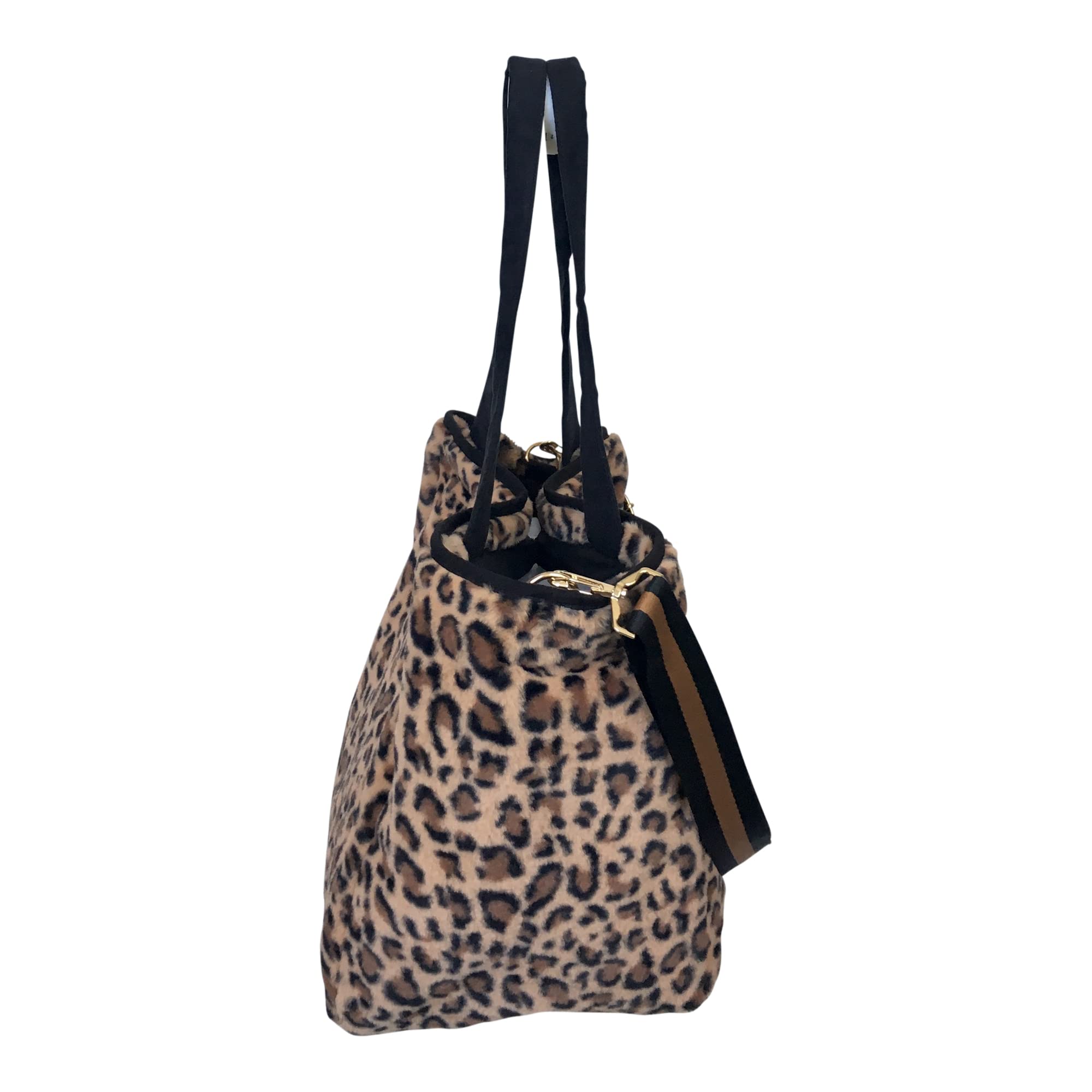 Sprigs Casual Shoulder Bag for Women - Trendy Plush Faux Fur Tote Bag with Detachable Guitar Strap Magnetic Closure & Pockets (Leopard)