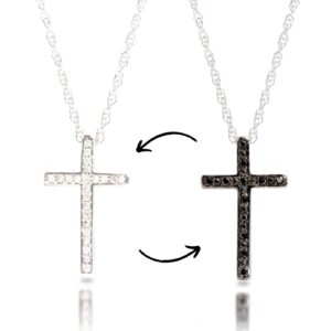 max + stone reversible white & black diamond cross necklace | sterling silver diamond necklace with adjustable 18” or 20” chain | real diamond cross pendant necklace | silver cross necklace