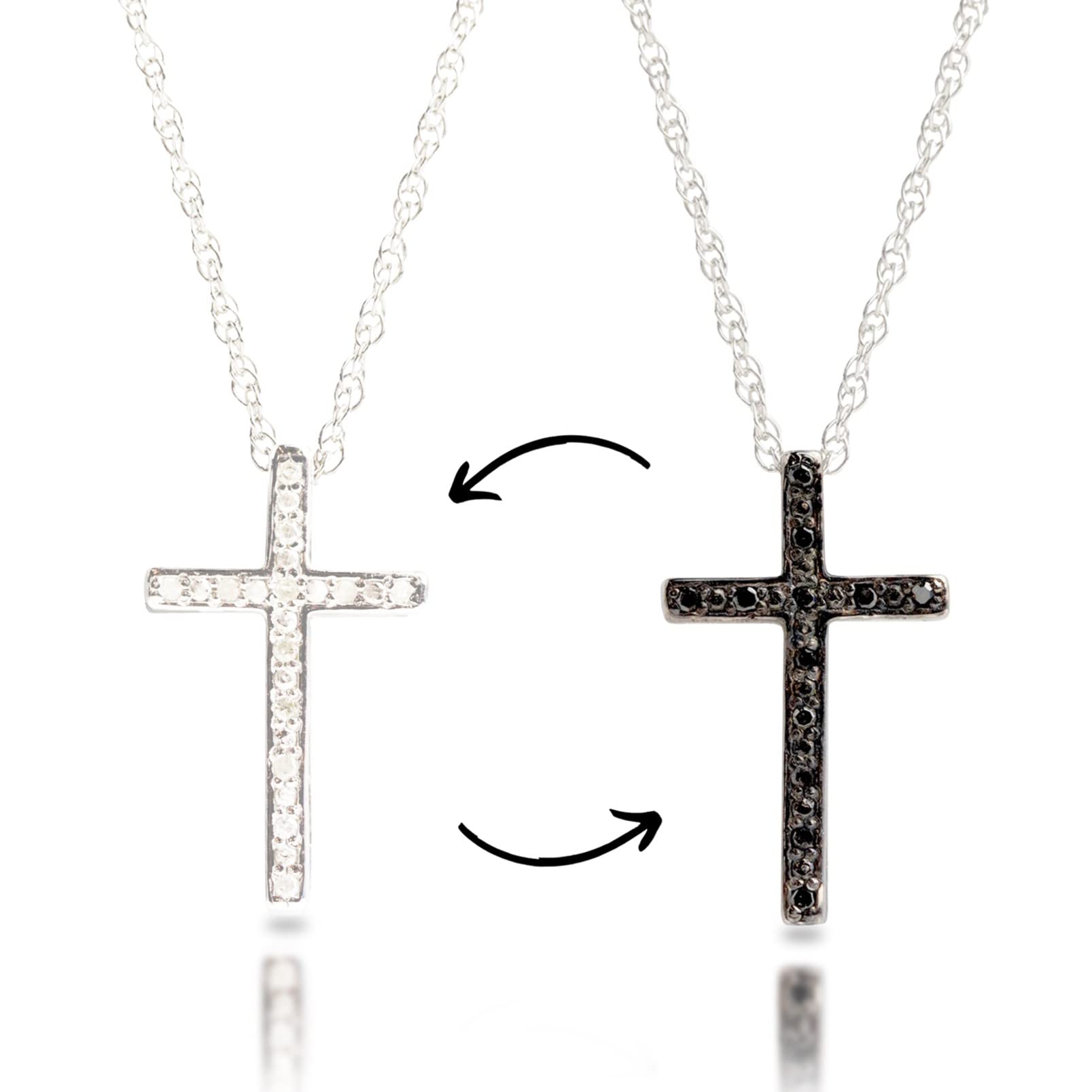 MAX + STONE Reversible White & Black Diamond Cross Necklace | Sterling Silver Diamond Necklace with Adjustable 18” or 20” Chain | Real Diamond Cross Pendant Necklace | Silver Cross Necklace