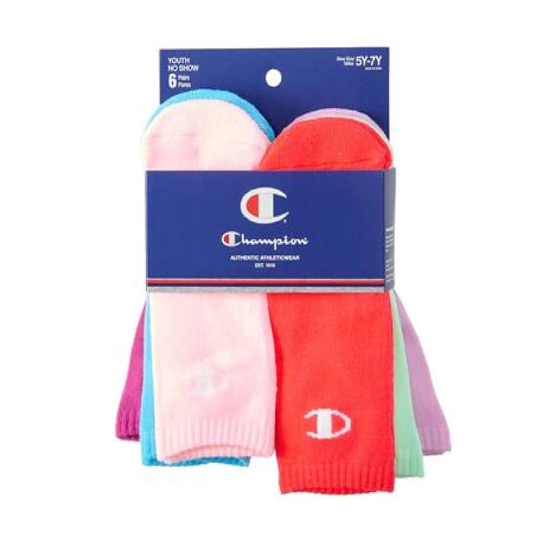 Champion Girls 6pk. Colorful No Show Socks (Multi-Colored, US SHOE SIZE: 3Y-5Y / SOCK SIZE: 7-9)