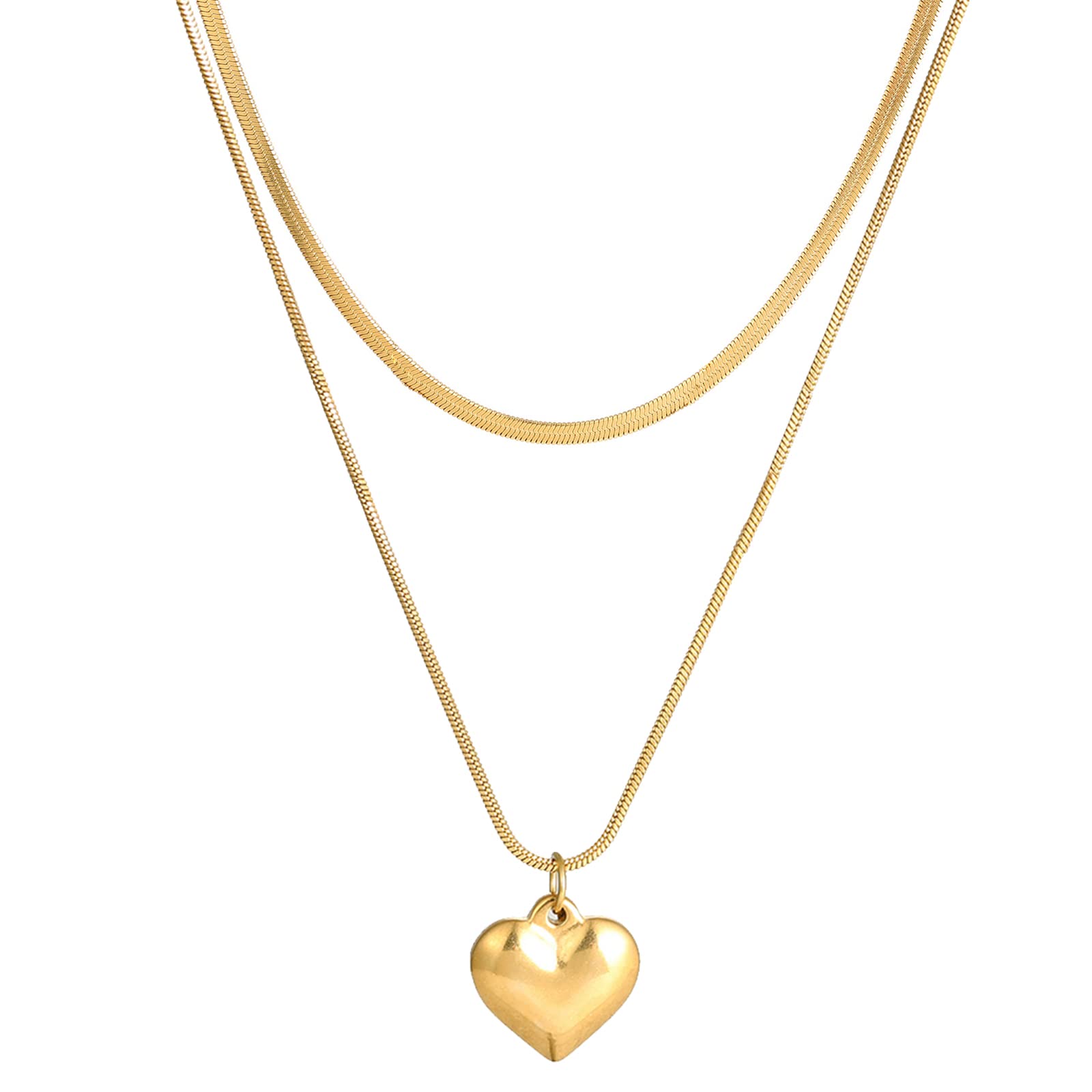 TRWWELL Trendy 18k Gold Plated Layered Necklace Dainty Herringbone Necklace Heart Pendant Gold Chain Choker Layering Necklace Jewelry Gifts for Women Girls