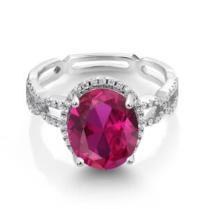 Gem Stone King 925 Sterling Silver Oval Red Created Ruby and White Created Sapphire Wedding Engagement Solitaire Anniversary Promise Ring (4.55 Cttw, Available In Size 7, 8, 9, 10, 11, 12, 13)