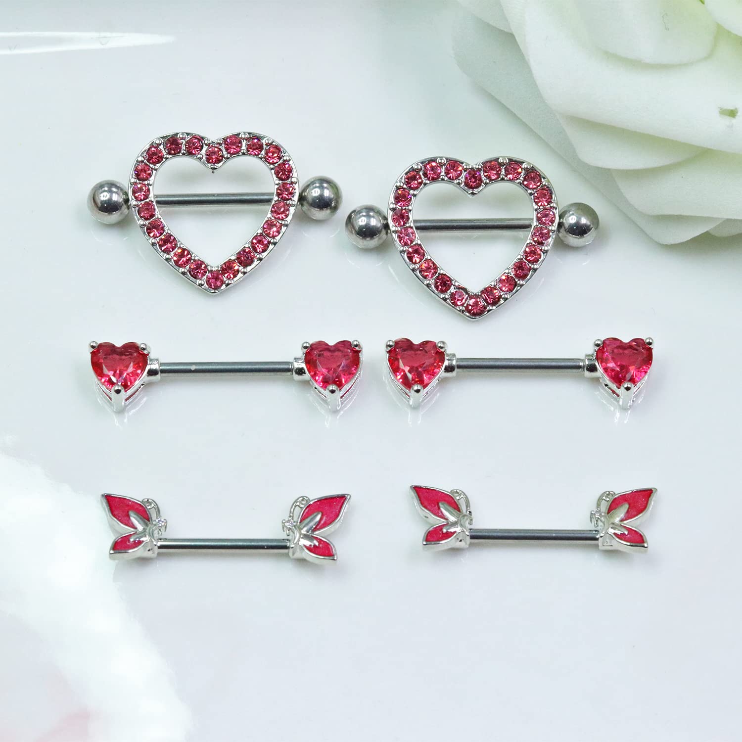 FLOGWE 3Pairs 14G Heart Nipple Rings 316L Stainless Steel Butterfly Nipple Barbell Nipple Barbells CZ Heart Nipple Rings Body Pierced Jewelry for Women…