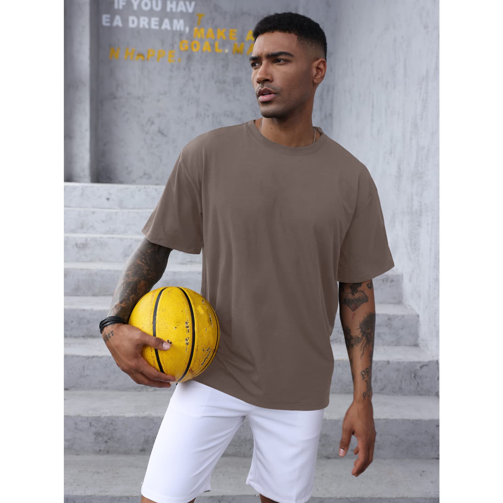 Men's Fashion Athletic T-Shirts Short Sleeve Casual Tee Plain Loose Crew Workout Gym Streetwear Shirts Top A Brown