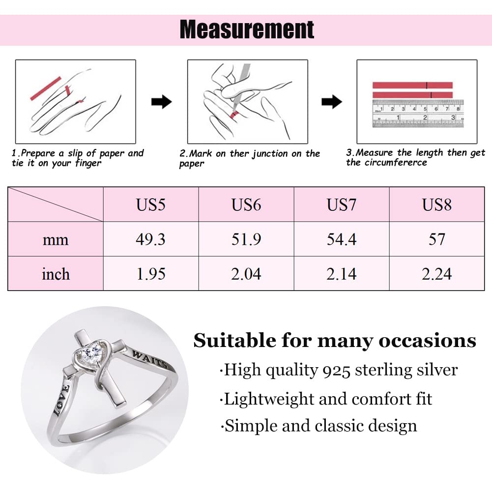 925 Sterling Silver True Love Waits Ring Purity Cross Rings Jewelry Gifts for Daughter Women Lady girlfriend (7-)