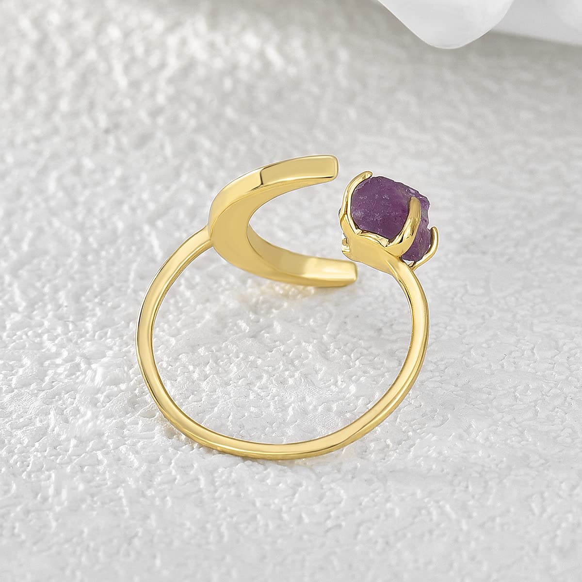 Crescent Moon Adjustable Open Band Ring for Women Girls 14K Gold Plated Statement Artificial Purple Crystal Stone Finger Rings Comfort Fit Fashion Birthday Wedding Valentine Jewelry Gift (Amethyst)