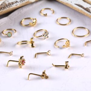 Sundurich Stainless Steel Nose Ring for Women Men 20G Nose Rings Hoops Nose Studs L Shaped Nose Ring Stud Set Paved CZ Flower Snake Cute Nose Piercing Jewelry Gold Tone