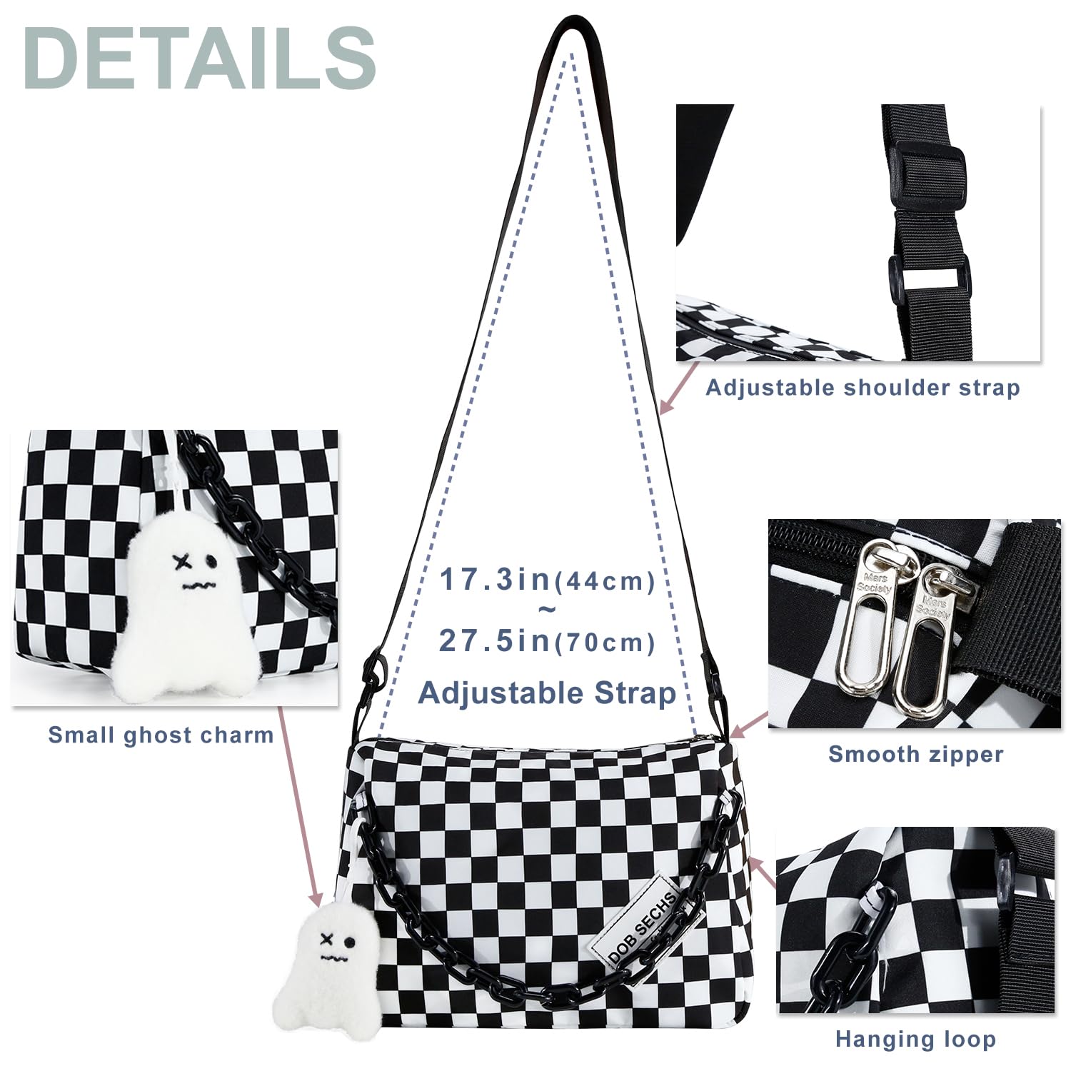 DOB SECHS Crossbody Purse Bag for Women Small Shoulder Hobo Bag Messenger Bag with Kawaii Pins and Pendent (Checkered - L)