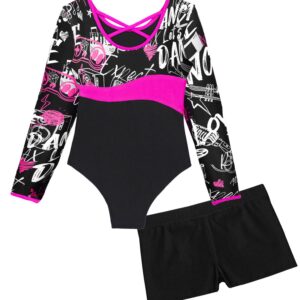 Jhaoyu Kids Girls Ballet Dance Gymnastics Leotards Long Sleeve Printed Bodysuit Unitard with Biketards Shorts Tracksuit Rock Rose 8 Years