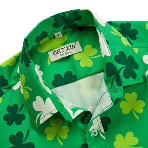 Men's St. Patrick's Day Shirt Funny Irish Flag Clover Short Sleeve Hawaiian Casual Button Down Shirt（Clover,L