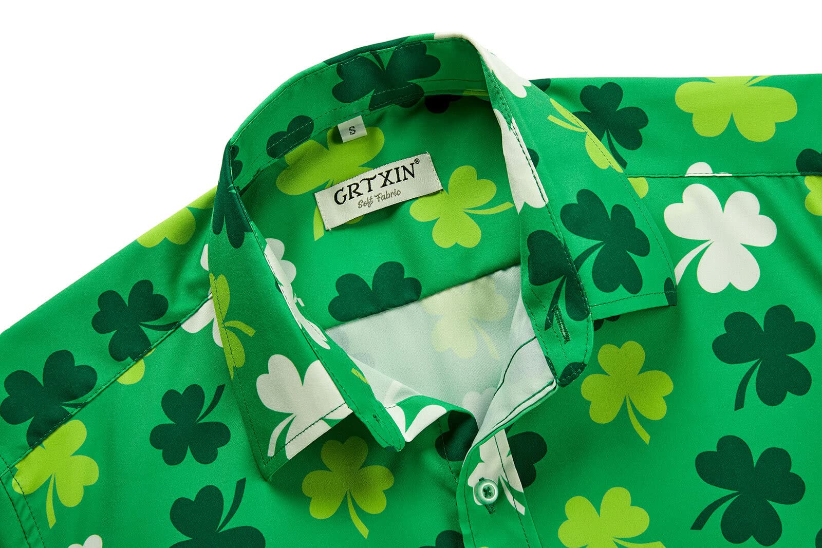 Men's St. Patrick's Day Shirt Funny Irish Flag Clover Short Sleeve Hawaiian Casual Button Down Shirt（Clover,L