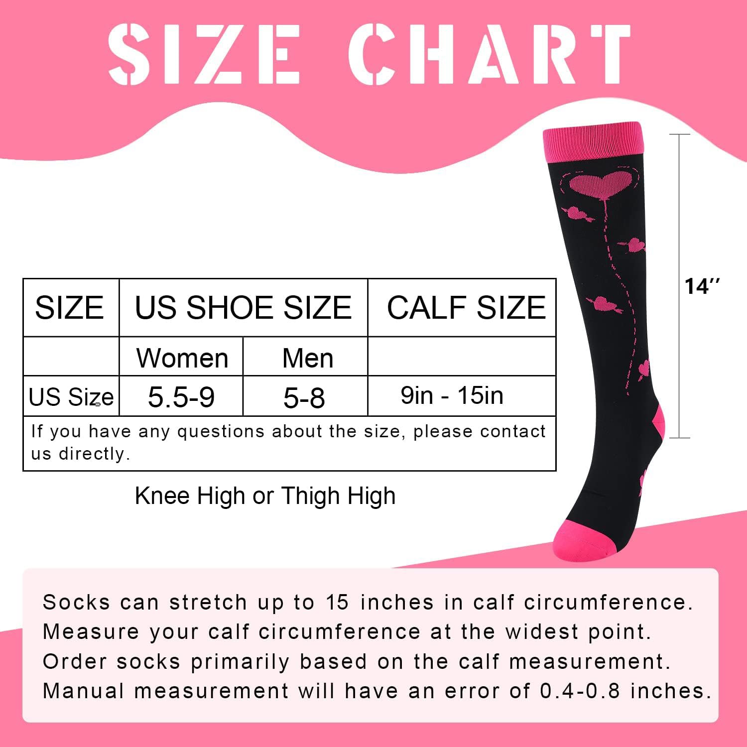 Junely Valentine Compression Socks for Women 20-30 mmhg Knee High Heart Socks for Running Work Support Nurses Pregnancy Travel Sports Swelling Pink Black