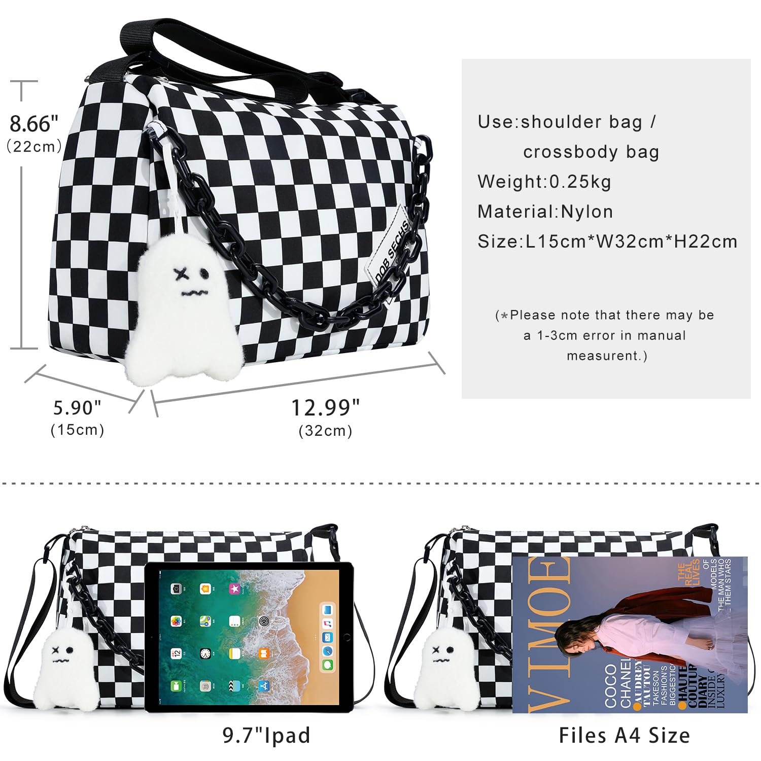 DOB SECHS Crossbody Purse Bag for Women Small Shoulder Hobo Bag Messenger Bag with Kawaii Pins and Pendent (Checkered - L)