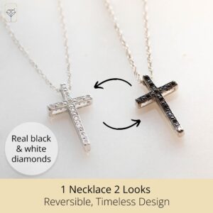 MAX + STONE Reversible White & Black Diamond Cross Necklace | Sterling Silver Diamond Necklace with Adjustable 18” or 20” Chain | Real Diamond Cross Pendant Necklace | Silver Cross Necklace