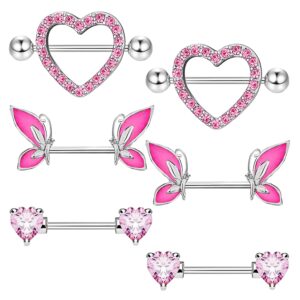 flogwe 3pairs 14g heart nipple rings 316l stainless steel butterfly nipple barbell nipple barbells cz heart nipple rings body pierced jewelry for women…